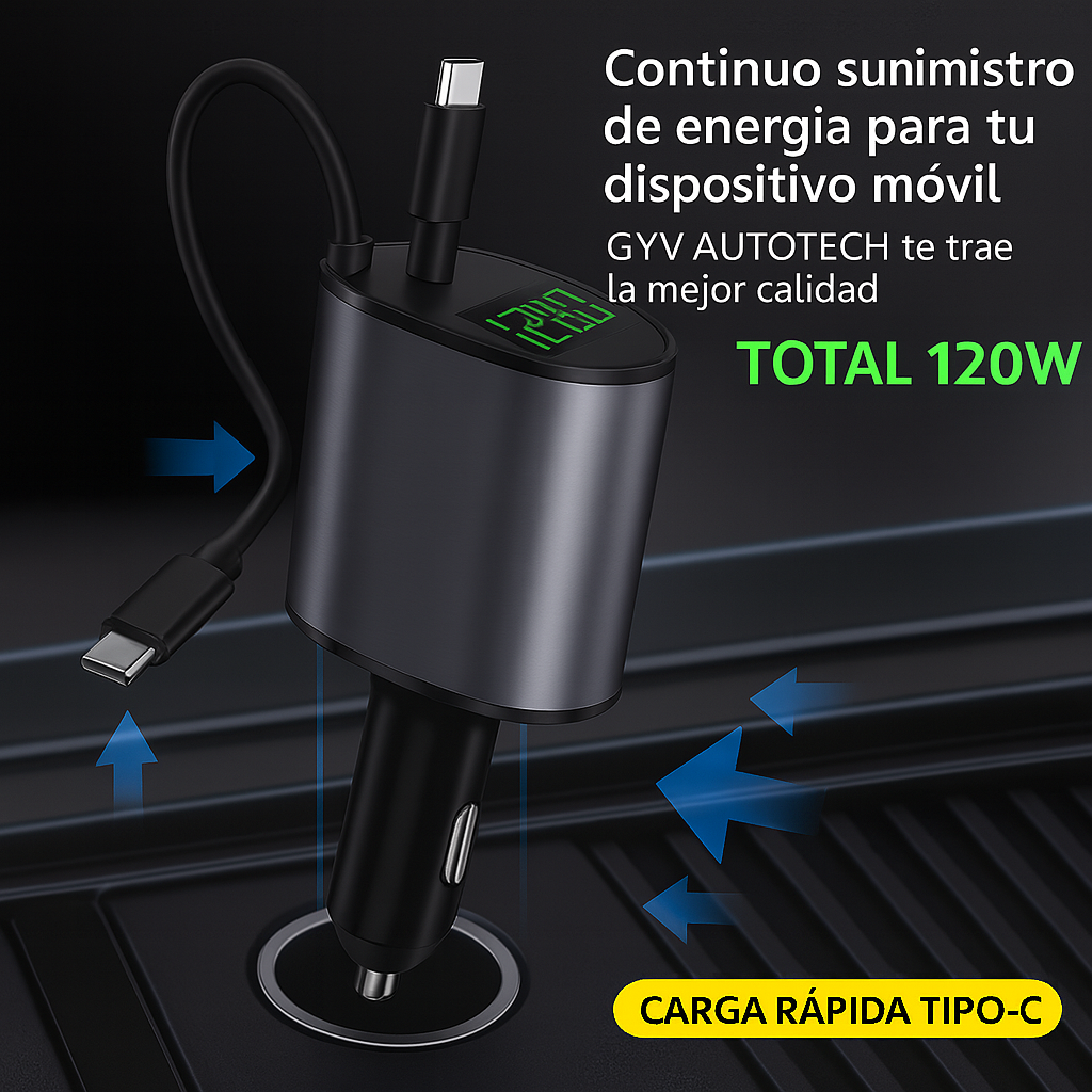 Cargador Auto 120w USB De 2 Cables Retráctil Carga Rápida.