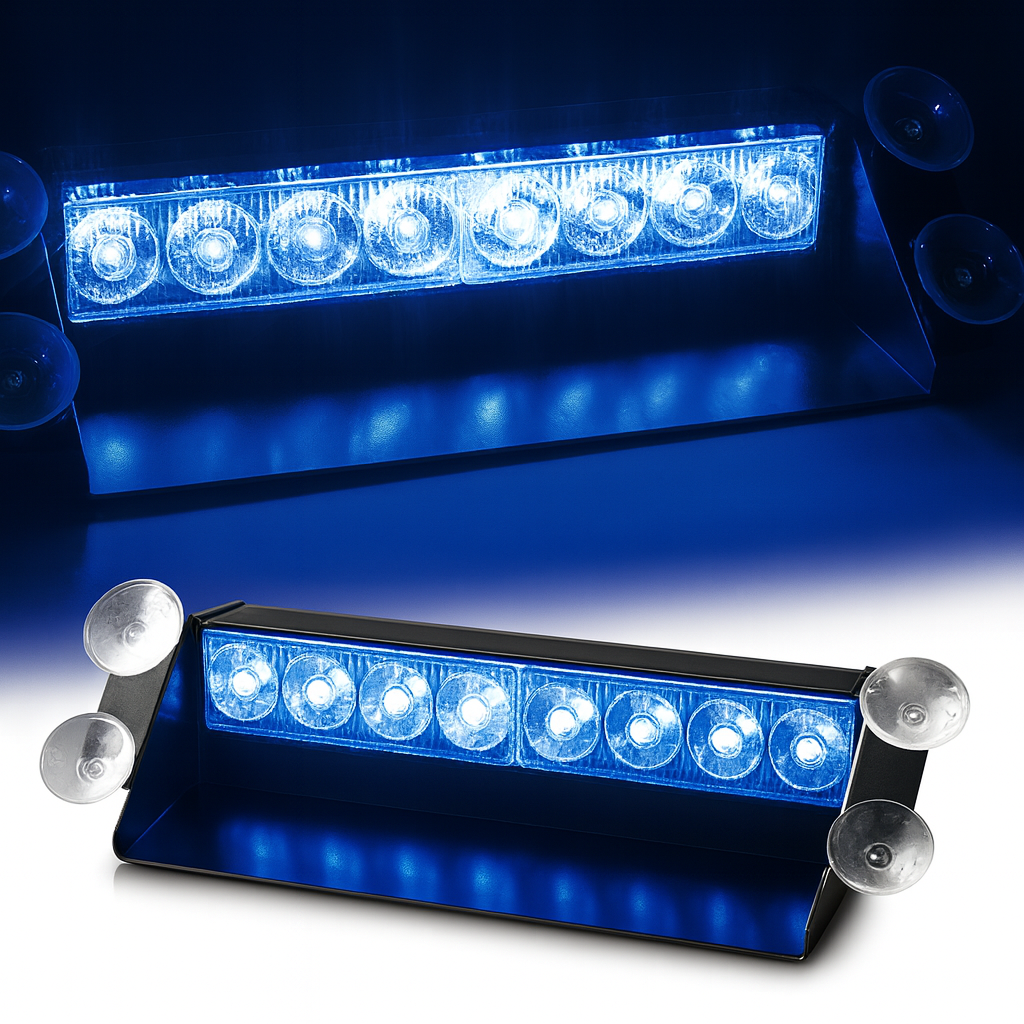 Baliza LED Azul 12V para Parabrisas de Auto y Camioneta – 8 Luces Potentes