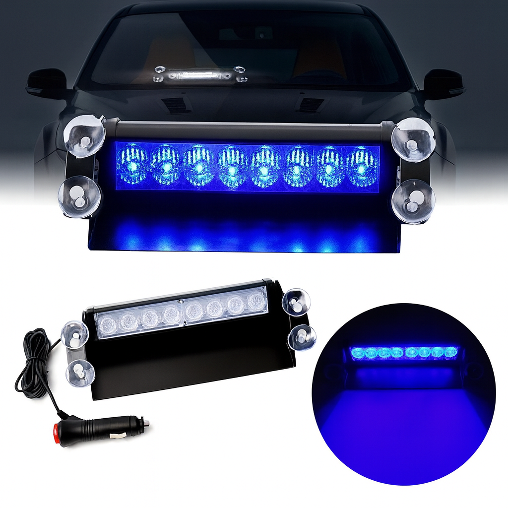 Baliza LED Azul 12V para Parabrisas de Auto y Camioneta – 8 Luces Potentes