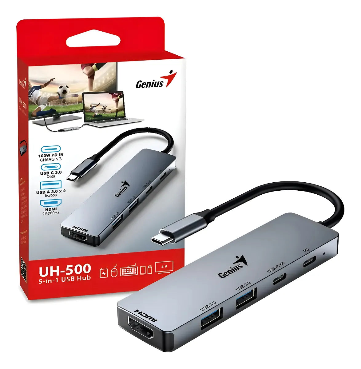 Genius Uh500 Hub Tipo C 5 Puertos Hdmi 4k,carga Pd100w,usb