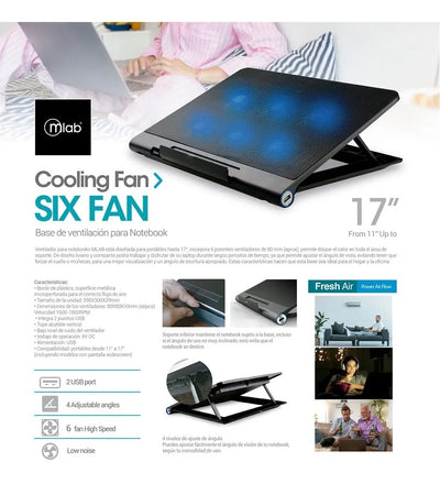 Base Ventilador Mlab Six Fan Para Notebook Hasta 17 Color Negro