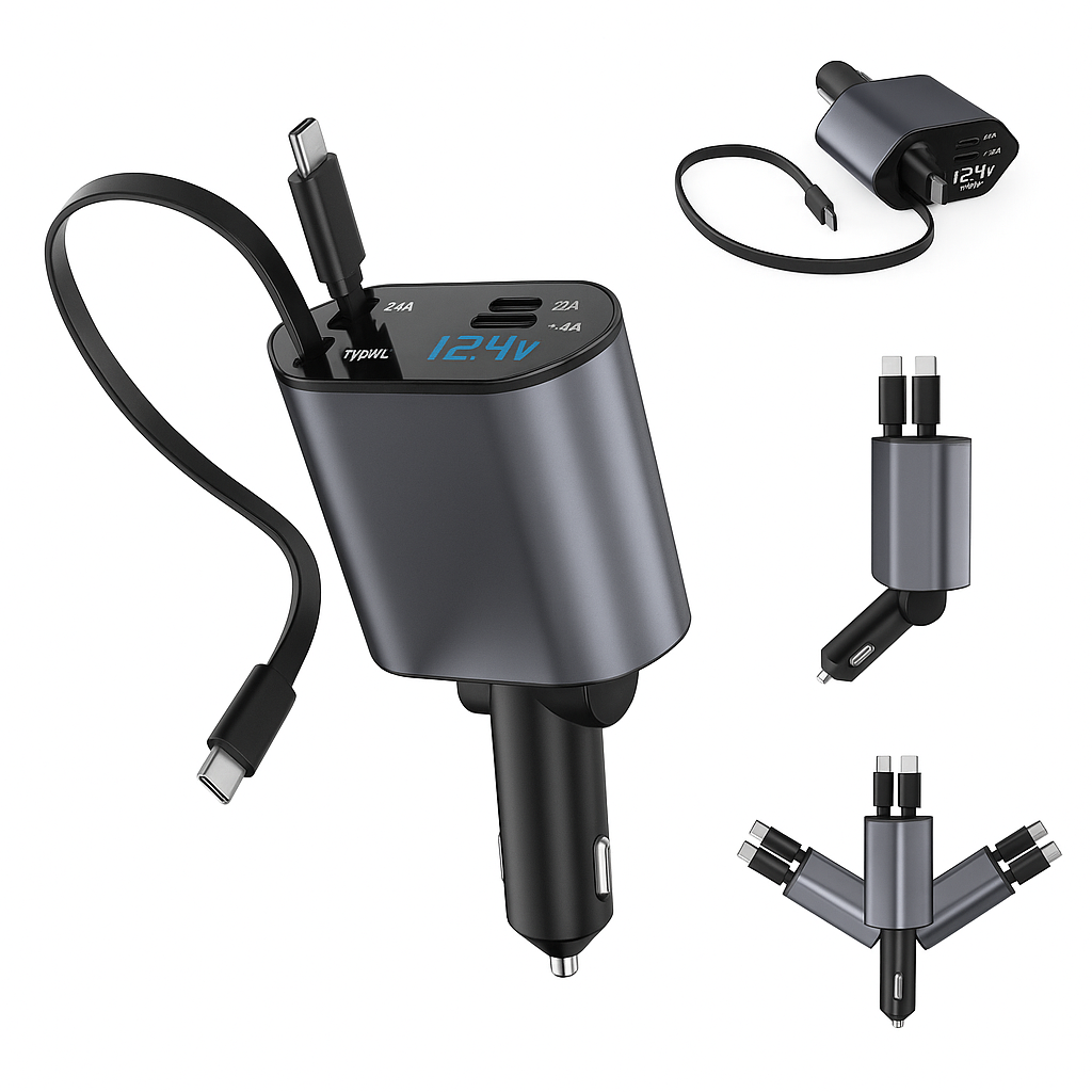 Cargador Auto 120w USB De 2 Cables Retráctil Carga Rápida.