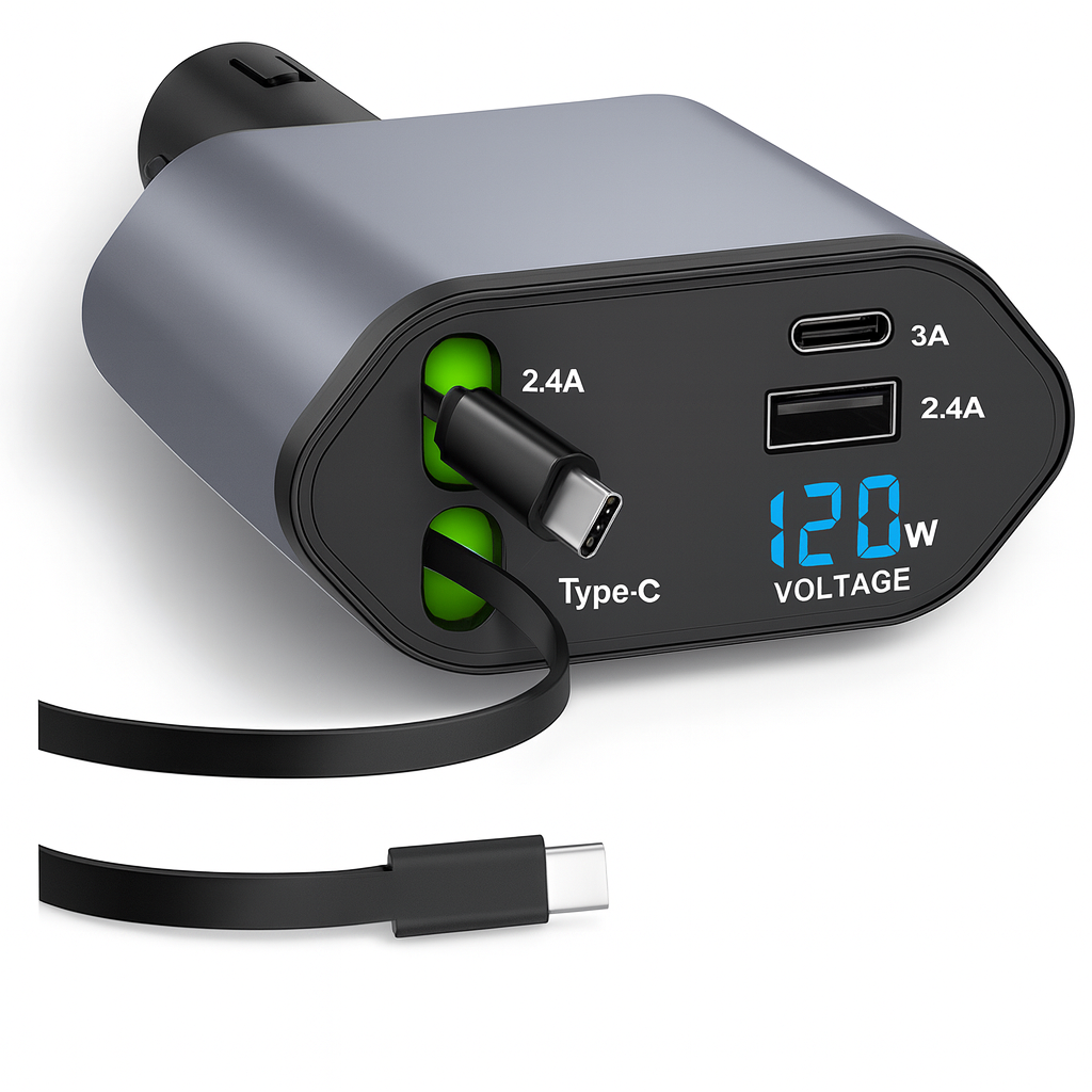 Cargador Auto 120w USB De 2 Cables Retráctil Carga Rápida.