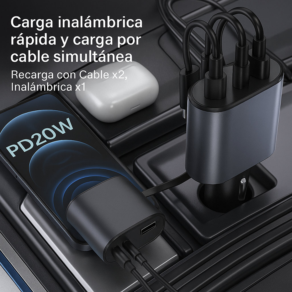 Cargador Auto 120w USB De 2 Cables Retráctil Carga Rápida.