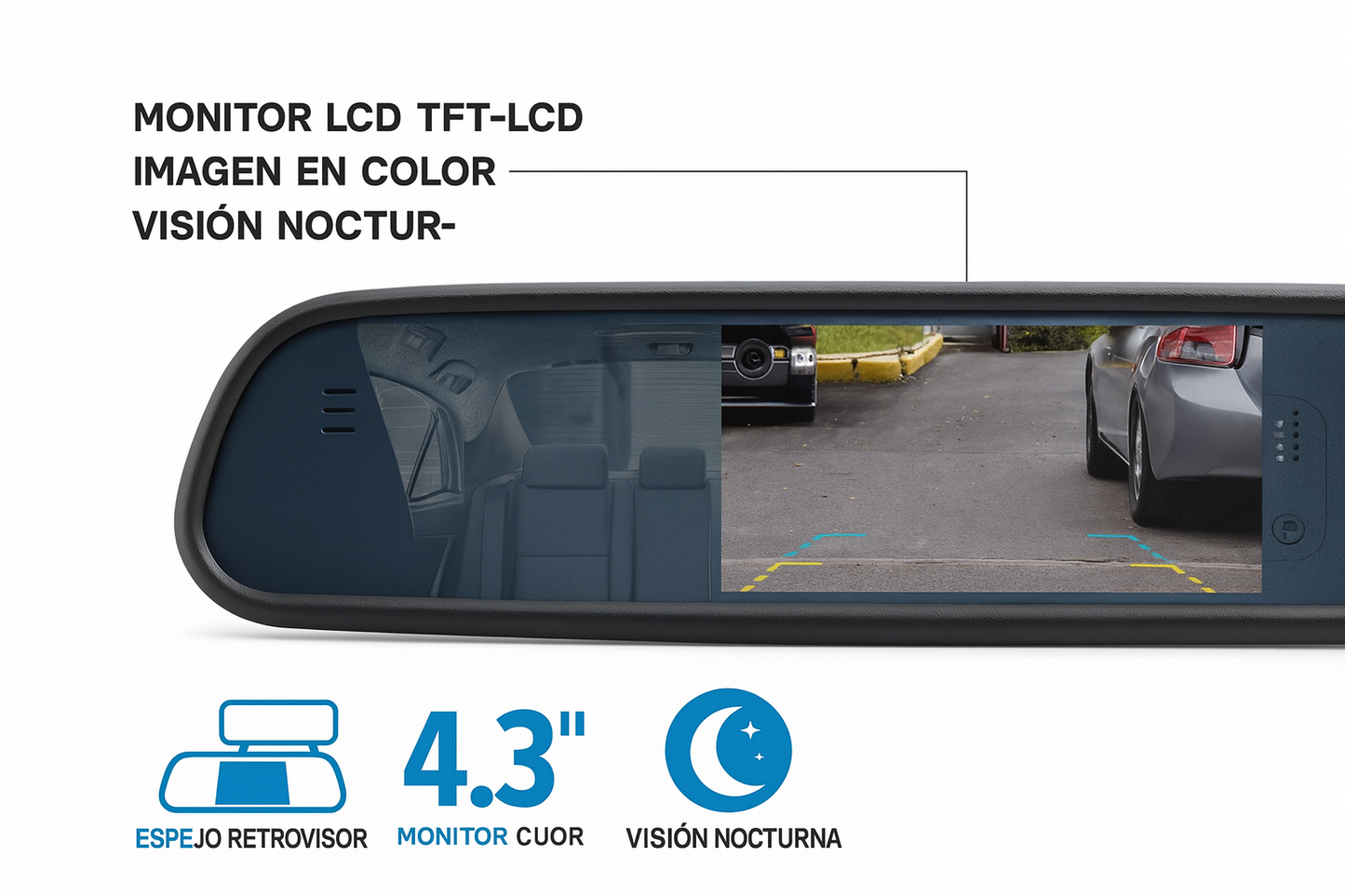 Espejo Retrovisor con Monitor LCD TFT 4,3” y Cámara de Retroceso Hawk