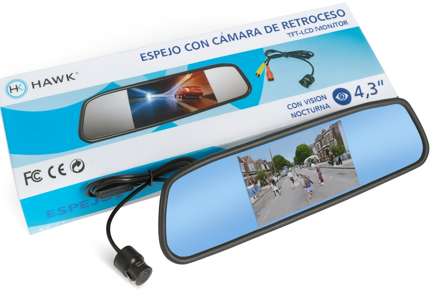 Espejo Retrovisor con Monitor LCD TFT 4,3” y Cámara de Retroceso Hawk